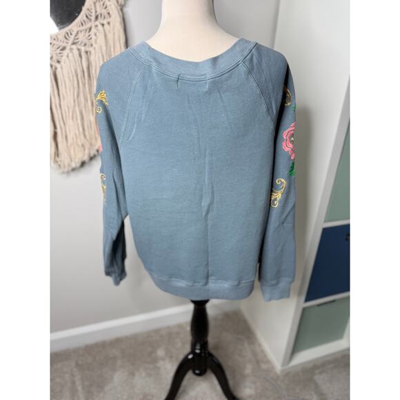 Wildfox Womens Blue-Gray Floral Flowers Embroidered Sleeve Cozycore Sweatshirt M - Picture 2 of 7
